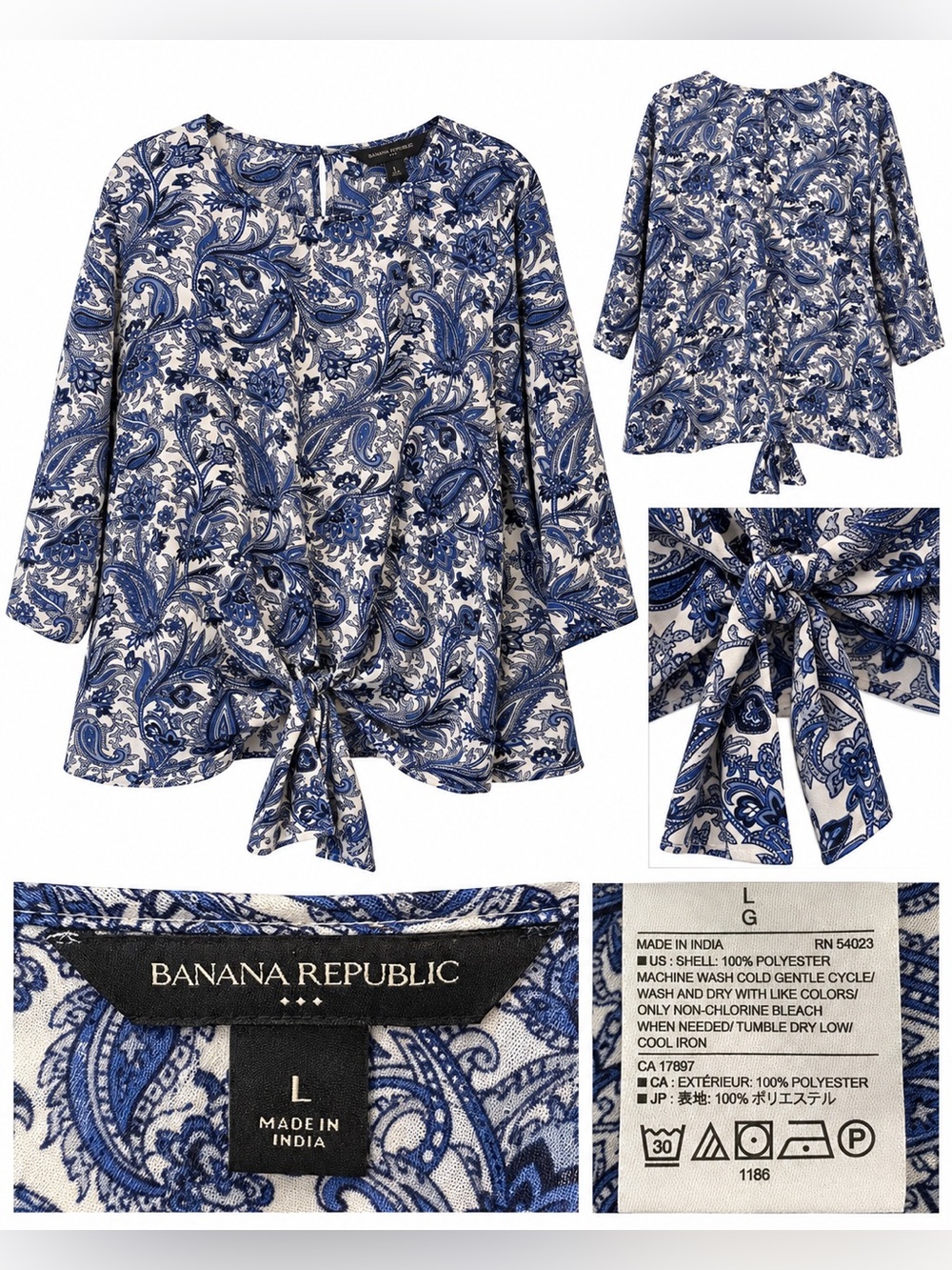 Banana Republic Blue Paisley Tie Front Blouse Size Large